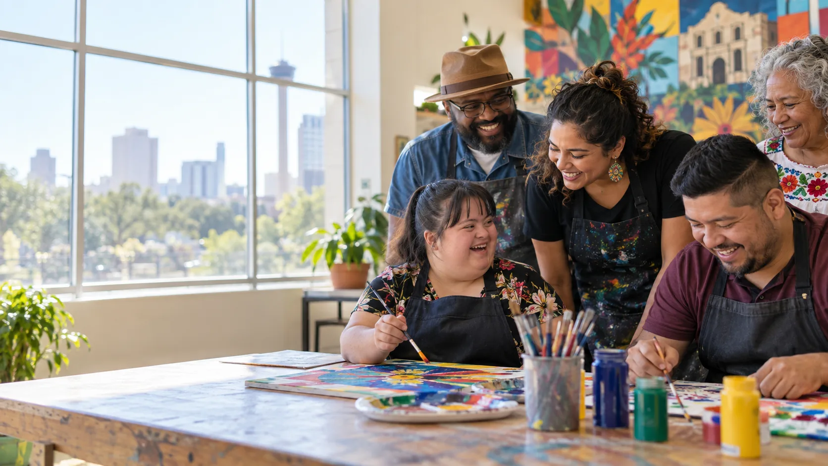 Adults with and without disabilities sharing a creative activity in a bright community center.